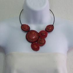 Mosaic Charm Red Coral  Brass Beads Cotton Rope Choker (Thailand) Necklaces