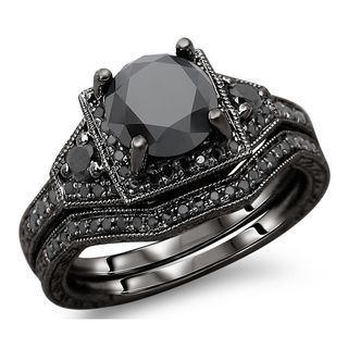 14k Black Gold 3ct TDW Black Round Diamond Engagement Ring Bridal Set Engagement Rings