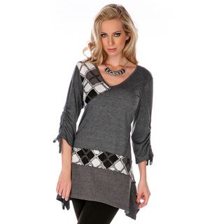 Women's Grey Patchwork Argyle Sweater Long Sleeve Sweaters