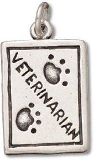 Sterling Silver 18" .8mm Wide Box Chain Necklace With Two Sided Veterinarian Occupational Badge Animal Pendant With Paw Prints Jewelry