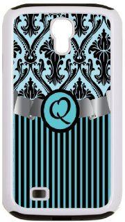 Rikki KnightTM Letter "Q" Initial Sky Blue Damask and Stripes Monogrammed White Tough It Case Cover for Galaxy S4 4 & 4s (Double Layer case with Silicone Protection) Cell Phones & Accessories