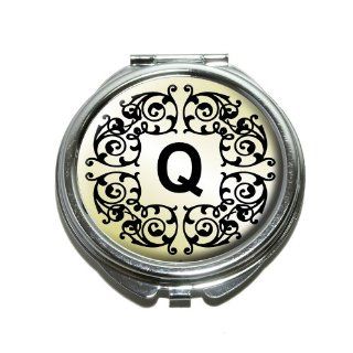 Letter Q Initial Black White Tan Compact Purse Mirror  Personal Makeup Mirrors  Beauty
