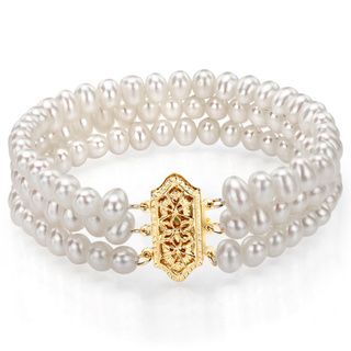DaVonna 14k Gold White FW Pearl Triple strand Bracelet (4.5 5 mm) DaVonna Pearl Bracelets