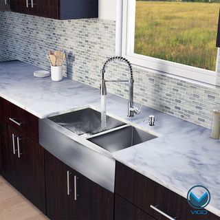 VIGO All in One 36 inch Farmhouse Stainless Steel Double Bowl Kitchen Sink/ Faucet Set Vigo Sink & Faucet Sets
