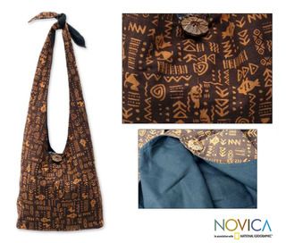 Cotton 'Hieroglyphs' Handbag (Thailand) Novica Shoulder Bags