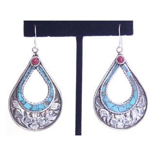 White Metal Teardrop Earrings with Turquoise and Coral (Nepal) Earrings