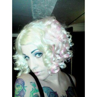 Lady Gaga Curly Hair Wig With Pink Streak,Blonde,One Size Clothing