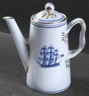 Spode Trade Winds Blue Coffee Pot & Lid, Fine China Dinnerware   Blue Bands And