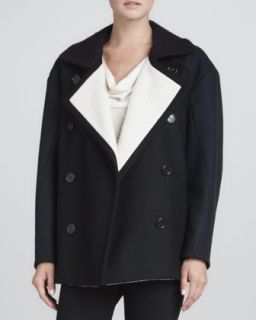 Womens Contrast Lined Pea Coat, Black/Navy/White   Derek Lam   Blk/Navy/White