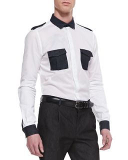 Mens Denim Trimmed Long Sleeve Shirt, White   Valentino   White (42)