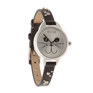 Floozie by Frost French Ladies black studded strap cat face watch