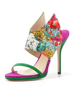 Floral Print Silk and Suede Wing Sandal   Paul Andrew   Poppy/Peridot (36.5B/6.