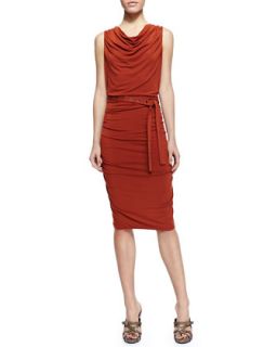 Womens Sleeveless Self Belted Ruched Jersey Dress   Donna Karan   Terracotta