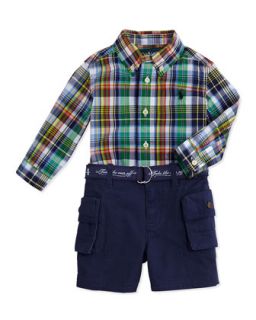 Plaid Shirt & Cargo Shorts Set, Navy, 3 12 Months   Ralph Lauren Childrenswear