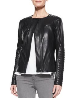 Womens Quilted Patch Leather Moto Jacket   Vince   Black (LARGE)