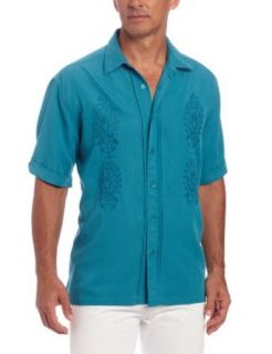 Cubavera Men's Short Sleeve Shirt with Coat Front Tucking and Embroidery Detail, Blue, Large at  Men�s Clothing store