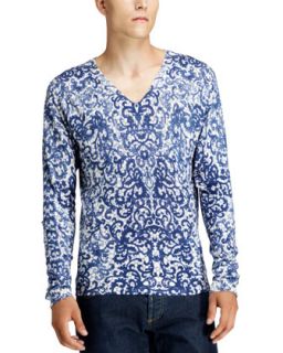 Mens Lace Print V Neck Sweater, White/Blue   Alexander McQueen   White/Blue