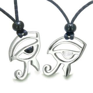 Amulets Love Couple or Best Friends Set Eye of Horus All Seeing Egyptian Powers Man Made Black Onyx and White Cat's Eye Pendant Necklaces Jewelry