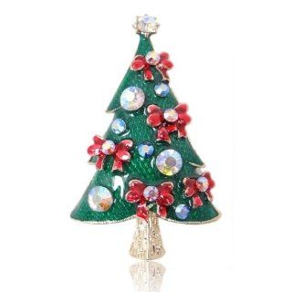 Christmas Tree Bowknot Red Enamel Austrian Crystal Brooch Jewelry