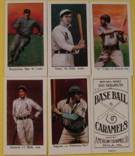 1909 to 1911 E90 1 American Caramel MLB Baseball 16 Card Reprint Set Featuring Several Hall of Famers. 16 Full Color Cards Picturing Ty Cobb, Joe Jackson, Honus Wagner (2), Cy Young (2), Baker, Chance, Collins, Lajoie, Matthewson, Speaker, Tinker and Other