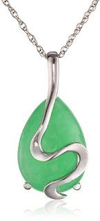 Sterling Silver Dyed Green Jadeite Pear Shape Pendant Necklace, 18" Jewelry