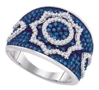 1 cttw 10k White Gold Blue Diamond Ladies Cluster Flower Right Hand Fashion Ring (Real Diamonds 1 cttw, Ring Sizes 4 10) Jewelry