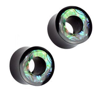Organic Horn Saddle Tunnel Plugs with Abalone Inlaid Rim   2G (6 mm)   Sold as a Pair Jewelry