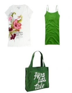 Aeropostale Bleach (White) V Neck Painted Floral Graphic T Shirt; Leaf (Green) Solid Basic Camisole and Coordinating Kelly Green Stacked Logo Graphic Tote   Juniors' Size (Large) Fashion T Shirts