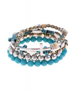 Turquoise and Silver Bead Cross Bracelet Set