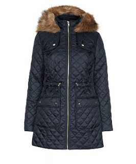 Navy Faux Fur Trim Hooded Quilted Longline Jacket