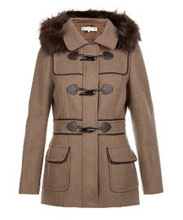 Mink and Brown Faux Fur Trim Hooded Duffle Coat
