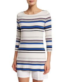 St. John Collection Gia Striped Jersey 3/4 Sleeve Tee, Bianco/Multi