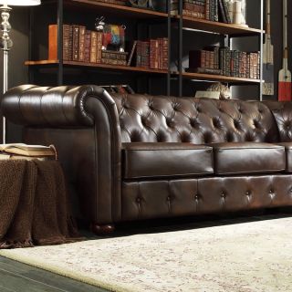 TRIBECCA HOME Knightsbridge Brown Bonded Leather Tufted Scroll Arm