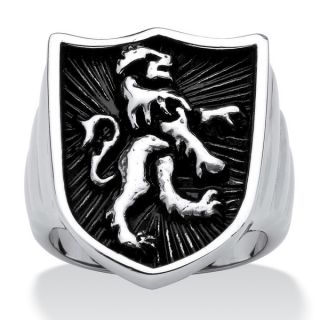 PalmBeach Mens Lion Shield Coat of Arms Ring in Antiqued Stainless
