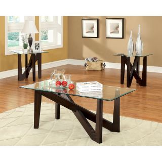 Furniture of America Nemi 3 Piece Tempered Glass Top Accent Table Set   Dark Walnut   Coffee Table Sets
