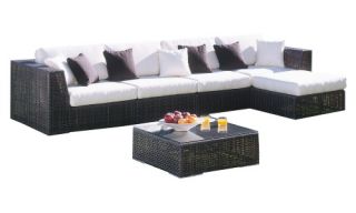 Hospitality Rattan Soho 6 Piece Deep Seating Sectional Conversation Set with Cushions and Tempered Glass   Rehau Fiber Java Brown   Conversation Patio Sets