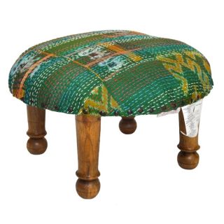 Handmade Green Kantha Stitched Ikat Footstool (India)   16100123
