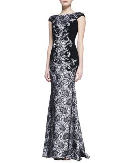 Theia by Don ONeill Cap Sleeve Lace Gown, Black/White