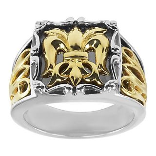 18k Yellow Gold and Sterling Silver Mens Fleur de Lis Ring