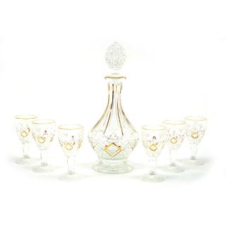 Seven Piece Goldtone Trim Decorative Bottle and Glass Liquor Set