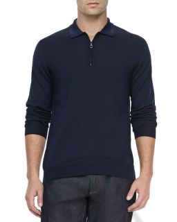 Salvatore Ferragamo 1/4 Zip Long Sleeve Polo Sweater, Navy
