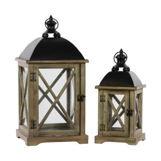 Natural Wood Finish Cast Iron Top Wooden Lantern with Metal Handle and