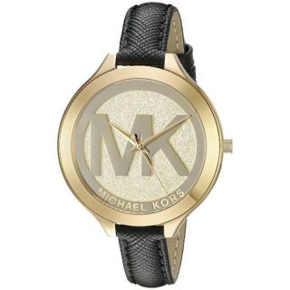 Michael Kors Womens MK2392 Slim Runway Gold Dial Black Leather Watch