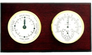 Bey Berk International Brass Tide Clock, Thermo./Hygro. on Mahogany T.P.   Weather Stations