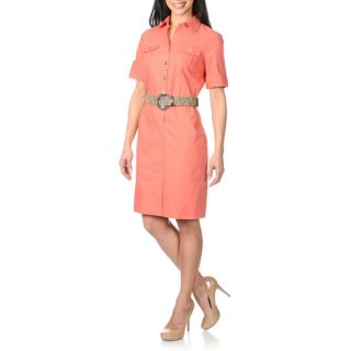 Sharagano Womens Coral Short Sleeve Belted Shirt Dress  