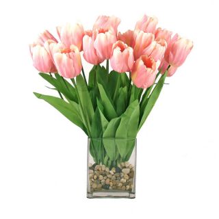 Pink Tulip Bouquet in River Rock Filled Square Glass Vase  