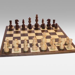 Sheesham and Boxwood Double Weight Royal Plus Carved with Framed Walnut and Maple Board   Chess Sets