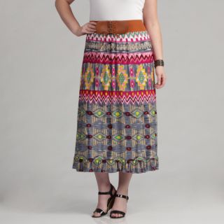Meetu Magic Multicolored Plus size Belted Tribal print Maxi Skirt