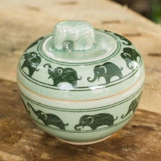Hand crafted Celadon Ceramic Elephants On Parade Box (Thailand)