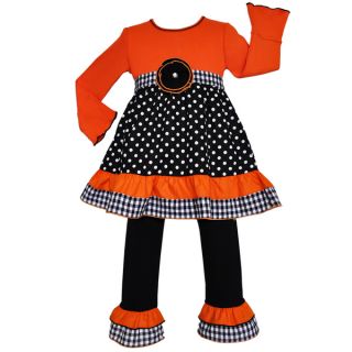 AnnLoren Girls Black & Orange Polka Dot & Gingham Dress Set   17358518